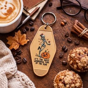 3/$15 Halloween Skeleton Keychain | Retro Motel Tag | Pumpkin Fall Spooky